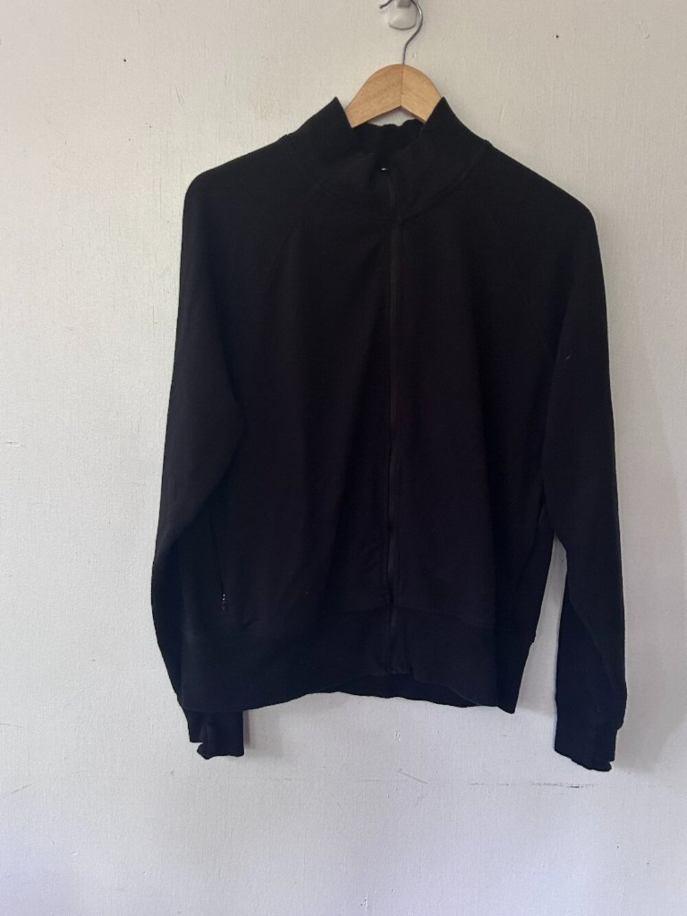 Lands End Zip Front Sweatshirt Womens Large Pockets Black Minimalist Neutral